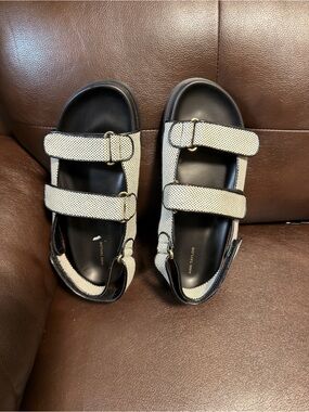 Ann Taylor White and Black Textured Double-Strap Sandals